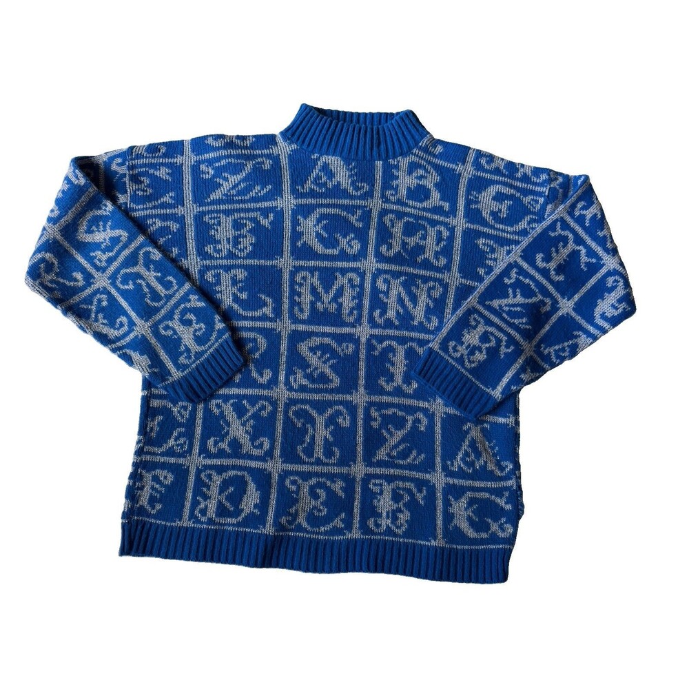 Vintage Adele Knitwear Sweater Blue Silver Alphabet Teacher Sweater 80s 90s Med